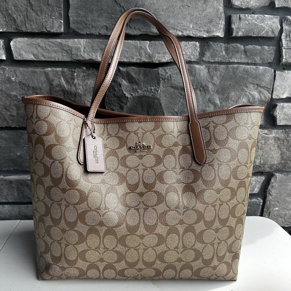 COACH Large City Tote Bag Shoulder Purse Signature Canvas Khaki Saddle Brown EUC